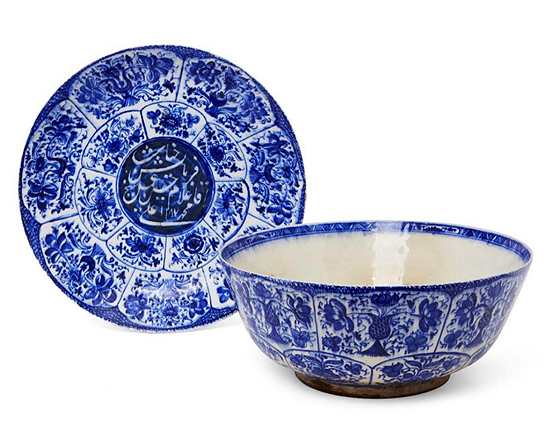 A blue-and-white inscribed pottery bowl and dish