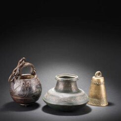 A bronze bucket, brass bell and inscribed copper Vessel India, possibly Sultanate, 15th-16th Century