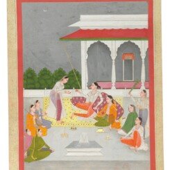 A PRINCESS SEATED ON A TERRACE WITH ATTENDANTS