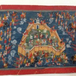 A Rare Micro Miniature Of Fort Besieged , Bundi Painting. 19th Century . India
The Occupants Of A Fort In The Centre Defend Themselves Against The Attackers Firing With Cannons.
Size : 20 cm x 14 cm