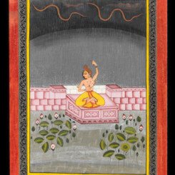A princess seated on a terrace, during a thunderstorm, gouache and gold on paper, yellow, floral and red borders.