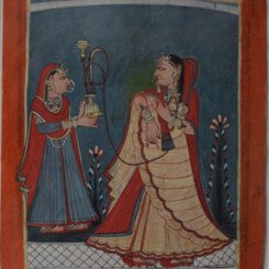 A Nobel Woman in a Sari draped over her head, with jewellery in her hands , face, head and feet standing in a open space surrounded by flowers holding a pipe of a Hukka. A young attendant draped in a Duppata and Jewellery holding the hukka. Both ladies having henna in there feet and hands. A line of sky on the top. The entire scene on a blue gold pigment background. Provence : Old stickers on the back of the frame