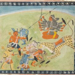 Compositions depicting scenes from the Devi Mahatmya, with the multi-armed Hindu Goddess Durga on her vahana (vehicle)dressed as a warrior with body armour, the tiger, attacking and vanquishing the demon , all her hands engaged with different weapons, speckled demons on the bottom right corner joining the fight, the scene within dark blue borders painted with abstract rosettes, mounted, glazed and framed in Vienna
