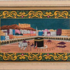 Large format miniature on cardboard. In the foreground the Kaaba surrounded by pillared halls and buildings. In the background the Ottoman Adschyad fortress, which was torn down in 2002 by the Saudi government. Inscribed in Russian in the lower left corner "View of Mecca and Kaaba Mosque", on the right the painter "Muhammad Mirza" and place of manufacture in Dagestan "Temir-Khan-Shura". Behind glass and framed